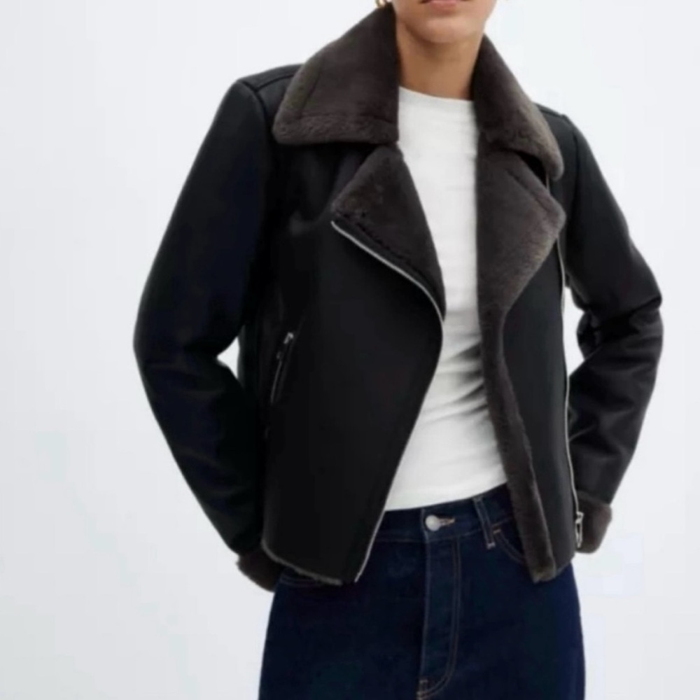 Mango Faux Leather/Shearling Moto Jacket